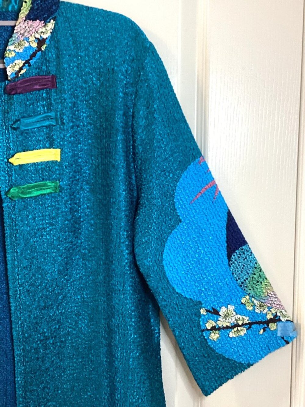 Vintage Woman's Knee-Length Oriental Textured Duster Coat Chinese Style Jacket - Picture 3 of 11